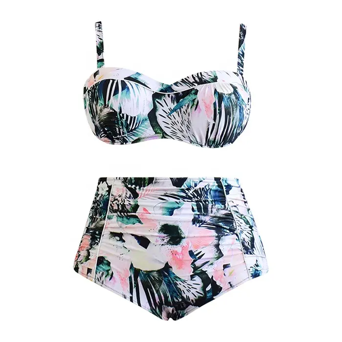 Bikini da donna grasso maturo plissettato tropicale a fascia in due pezzi plus size