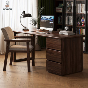 Durable New Chinese Style Real Walnut Wood Laptop <strong>Table</strong> with 3 Drawers Office Home 1.4M Dark Study <strong>Computer</strong> Desk for Storage - Product Image 2