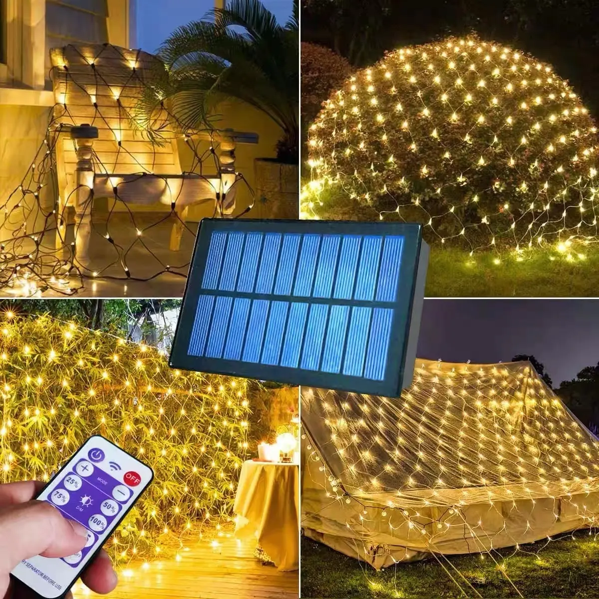 Rede de pesca LED de energia solar, rede de luz para decoração de festas e casamentos, luz de fadas para decoração de Natal e feriados, rede de luz para decoração ao ar livre