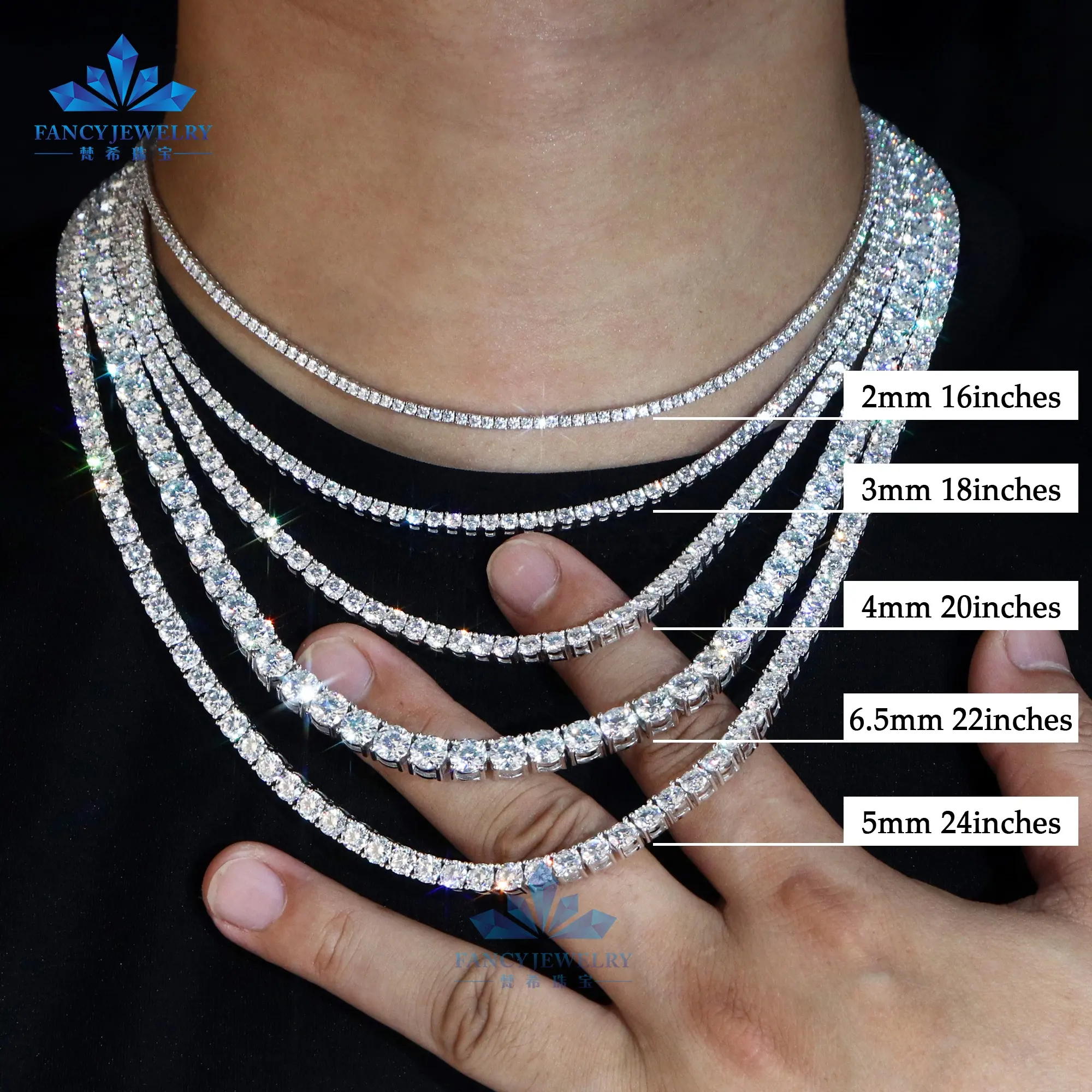Fresh Item High Quality Hip Hop Bling Bling 925 Sterling Silver 3MM 4MM Flawless D Color Lab Diamond Moissanite Tennis Chain