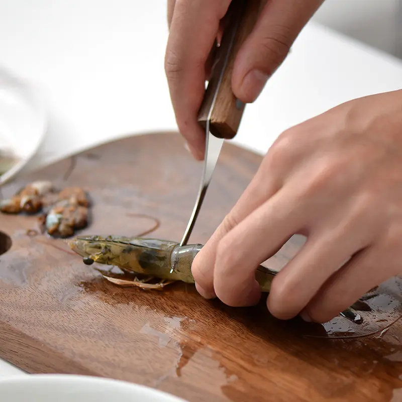 Cuchillo de cocina de acero inoxidable con mango de madera, cortador de mariscos, limpiador de camarones