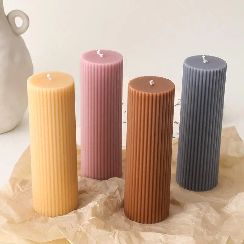 Diy Soybean Cylinder Ribbed Candle Boho Morandi Color Scented Fluted Beeswax Pillar Candles