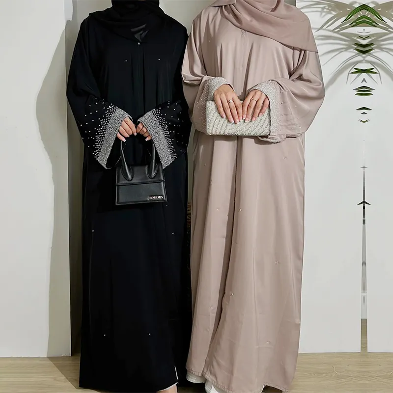 Conjunto de abayas de diamante luxuosas muçulmanas, 2 peças, elegância personalizada, strass modesto, abaya com abajur de cetim branco