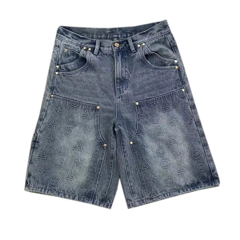 Custom Mens Streetwear Vintage Denim Shorts Casual Emboos Logo Baggy Jeans Shorts Print Pattern for Men Customized Woven