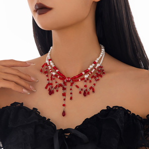 Dark Style Tassel Imitation <strong>Red</strong> Dripping Beaded Crystal Necklace Personality Pearl Multi-Layer Collarbone Necklace <strong>Chain</strong>