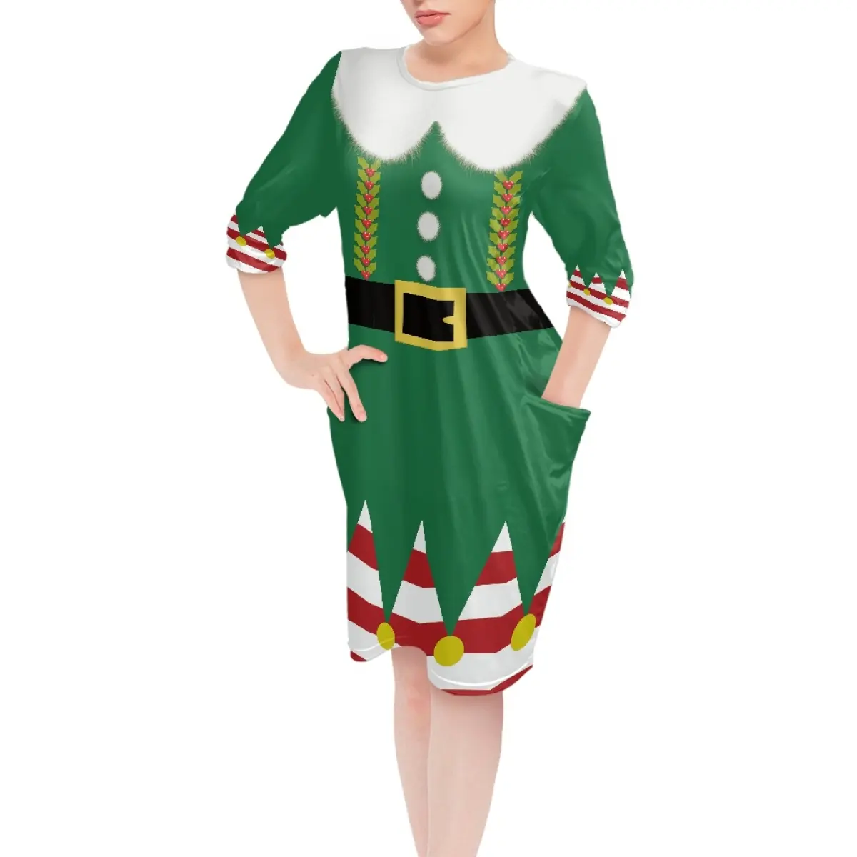 Productos de tendencia Lady Pocket Sleep Dress Diseño especial Imágenes y texto Tallas grandes Ropa de ocio Vestido en la noche de Navidad