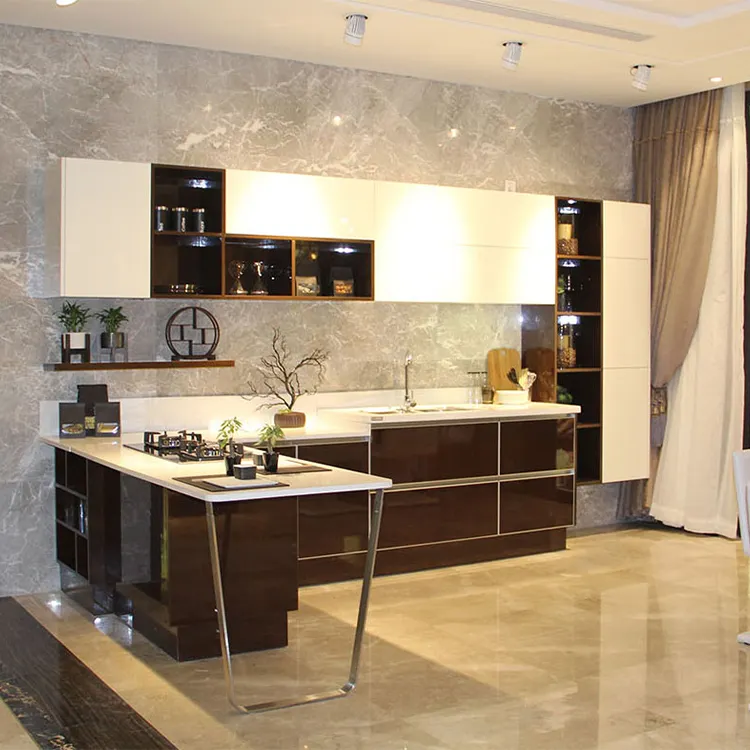 Armario de cocina y encimera de fibra de vidrio, diseño de lujo, laca en forma de l, muestra de muebles modernos, armario de cocina de alto brillo