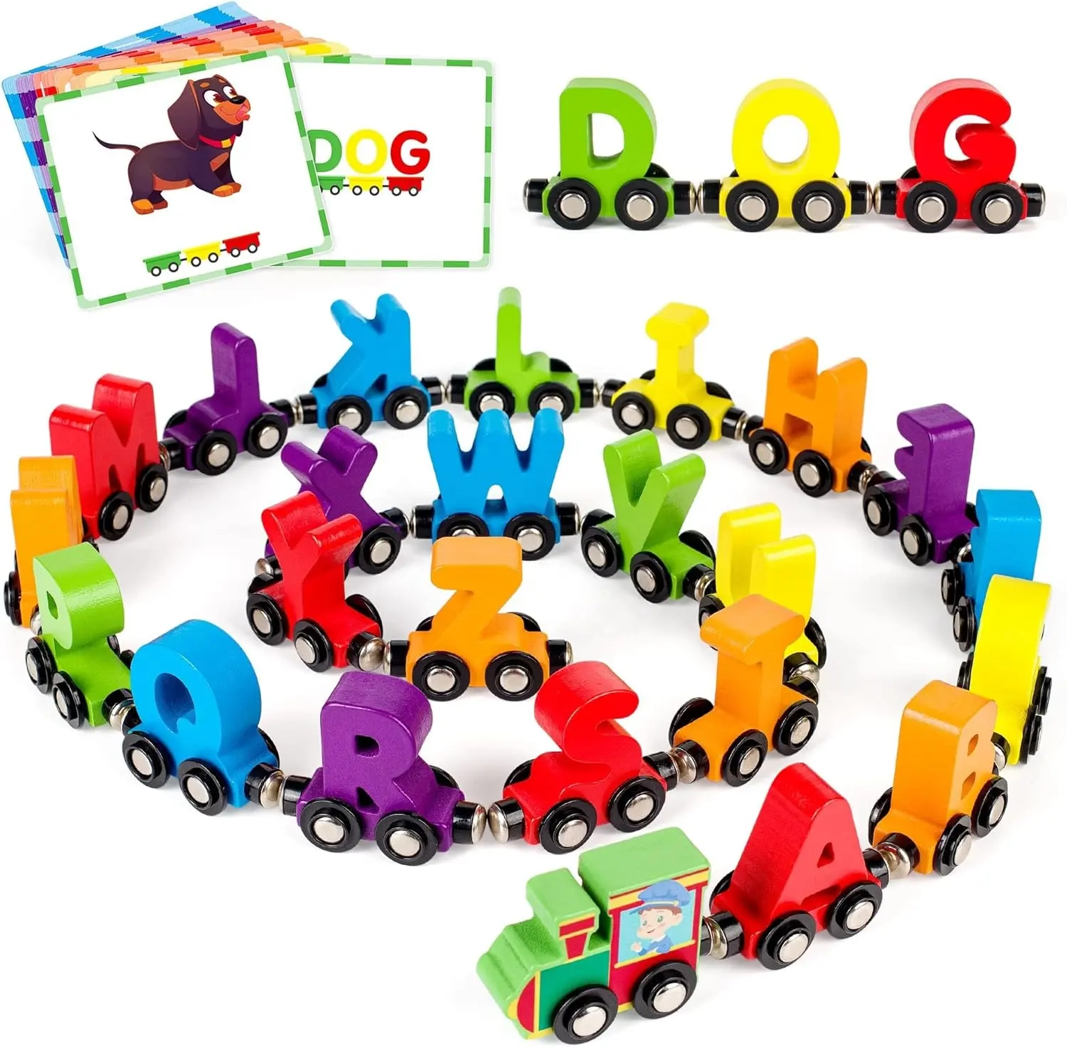 C02345 27 PCS Juegos de trenes magnéticos del alfabeto de madera | Trenes de juguete de aprendizaje de letras ABC con 42 tarjetas flash, 1 motor, 1 almacenamiento
