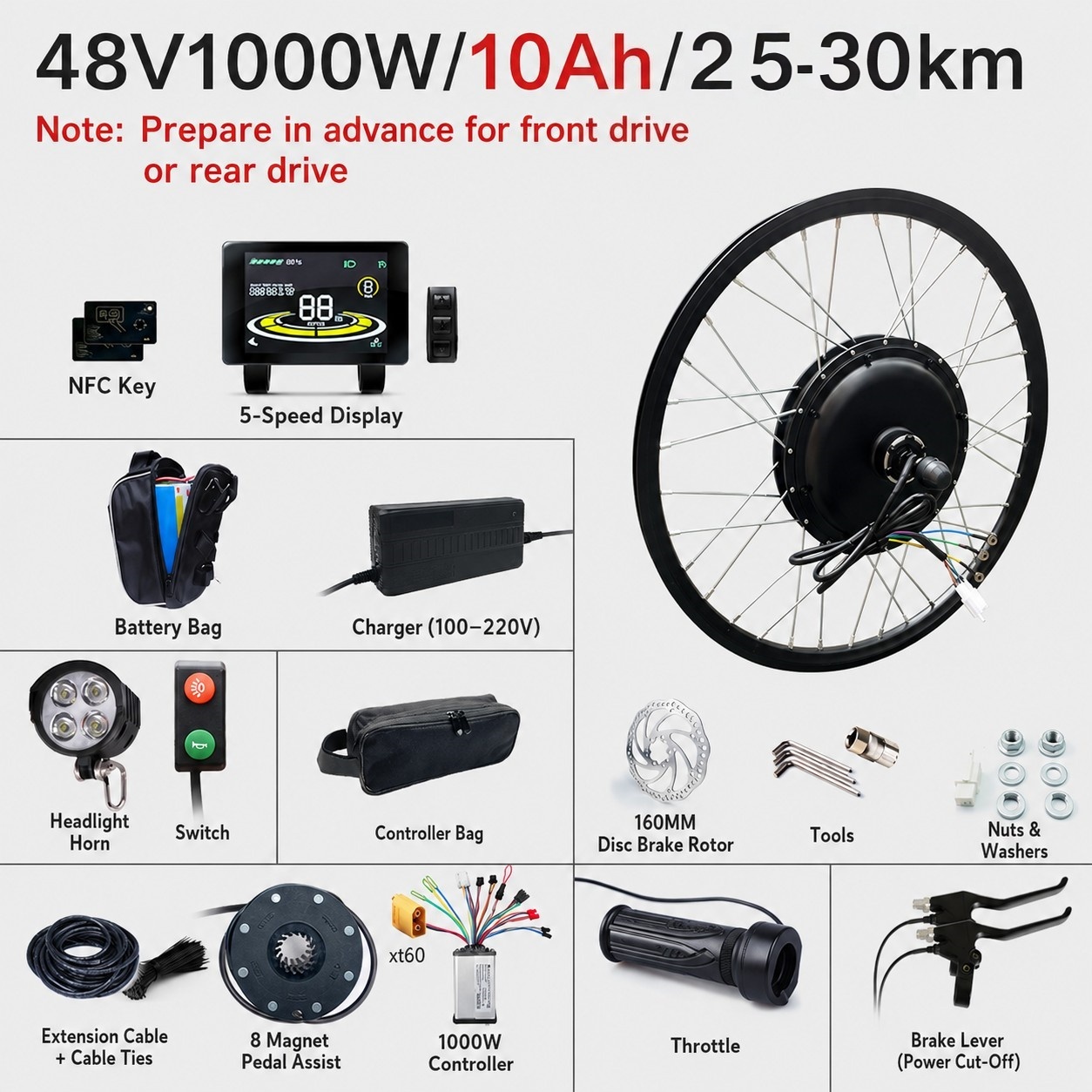 48V 10A, range 25-30 km (bag-mounted battery)