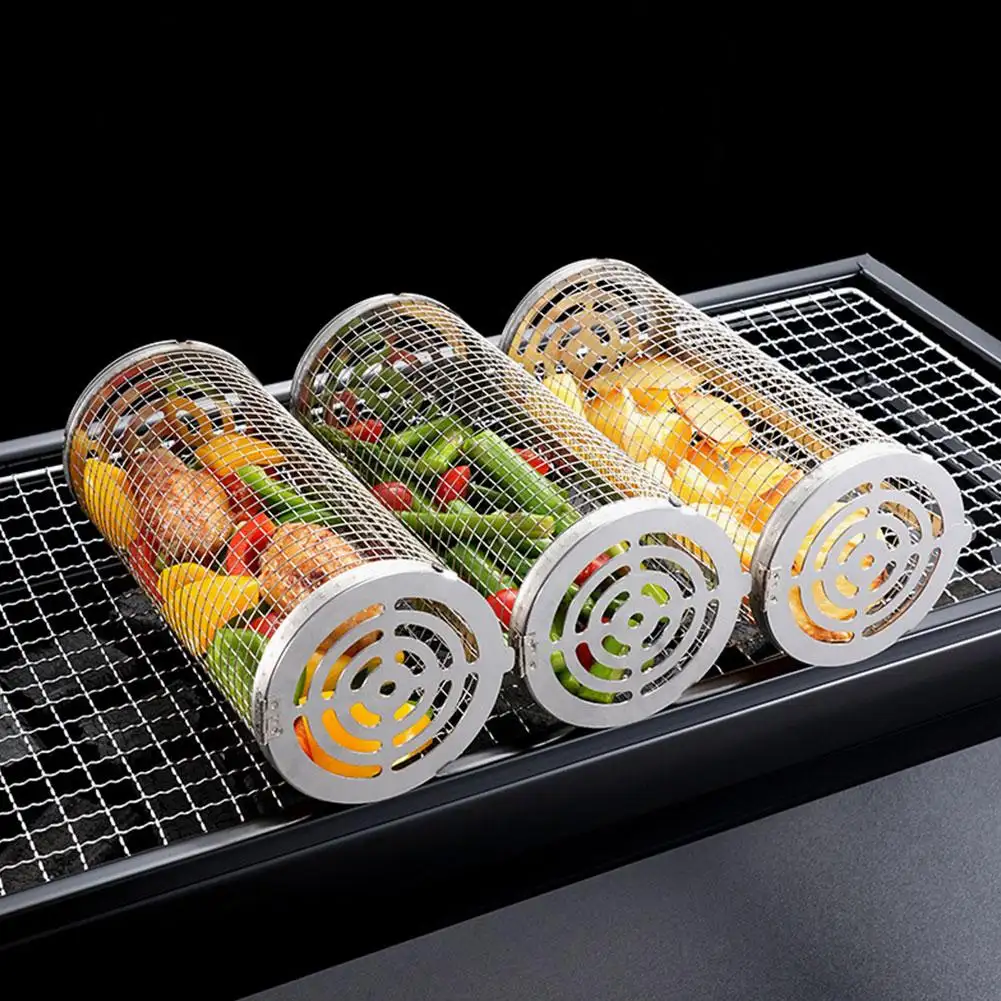 2024 New Bbq Net Tube Stainless Steel Grill Basket Round Barbecue Rack Mesh Ball Grill Basket for Vegetables French Fries Fish