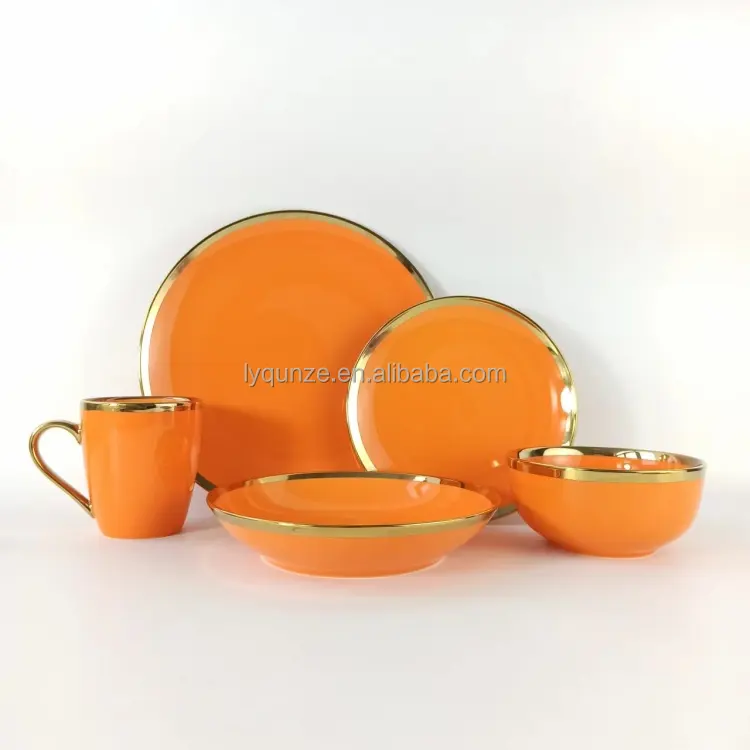 Ensemble de vaisselle élégant en porcelaine orange pour restaurant et hôtel, avec bord doré, pour 4/6 personnes, 20 pièces