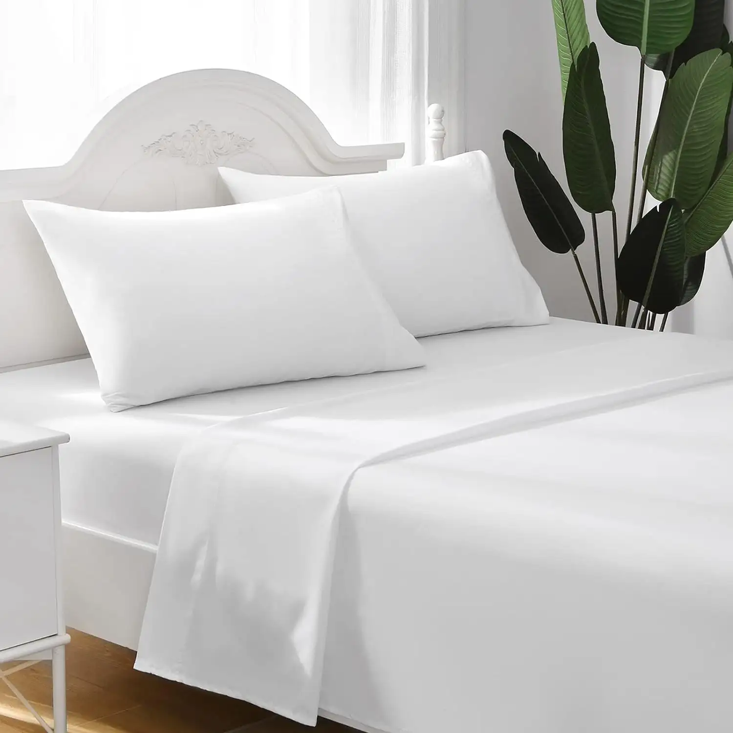 Ropa de cama de microfibra de poliéster 100% de tamaño Queen de EE. UU., 4 Uds., juegos de sábanas para hotel y hogar, juegos de sábanas blancas con sensación de algodón