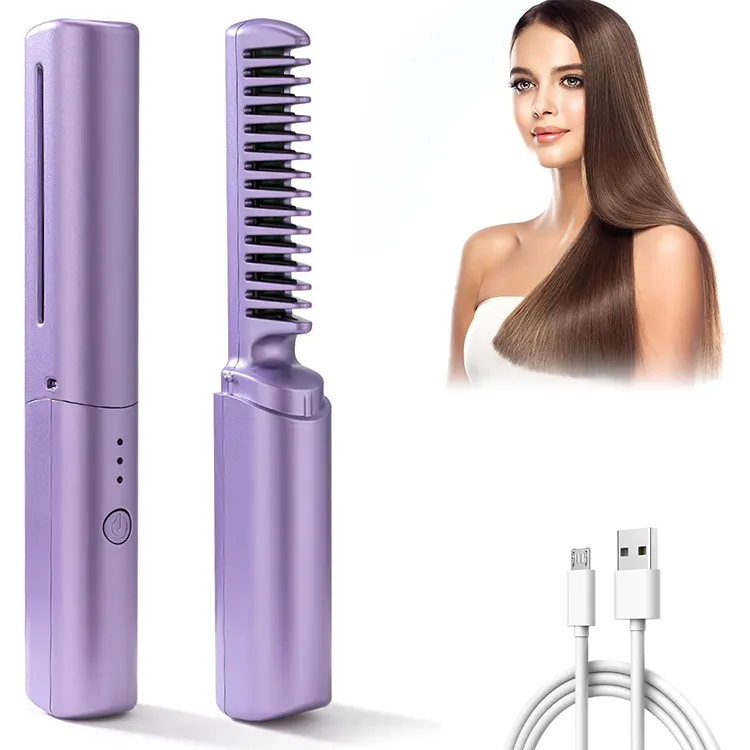 Cepillo alisador inalámbrico portátil para mujer, alisador de pelo, Mini peine caliente recargable, tecnología LED de iones negativos de titanio