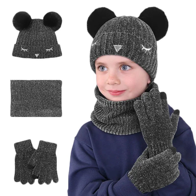Açık sıcak tutmak çocuk kış şapka kalın şapka eldiven eşarp set kış şapka ve eşarp çocuklar için