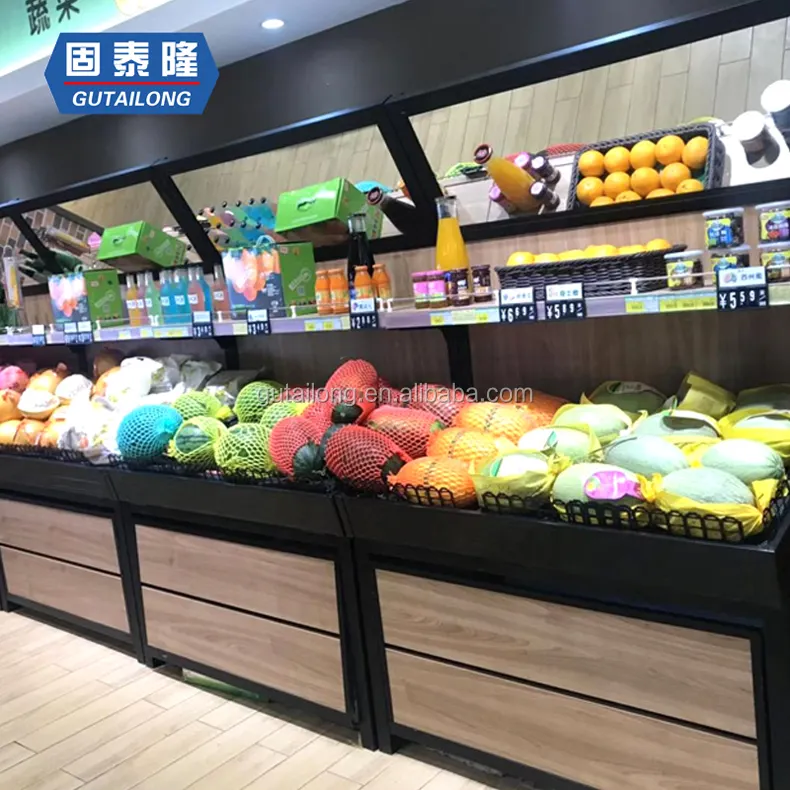 Supermercato negozio di acciaio di legno del banco di frutta verdura
