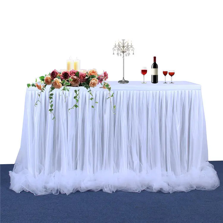 Saia de mesa retangular ou redonda, BH-884 6 pés saia de tule branca para o casamento, aniversário, festa, batizado, decoração de mesa