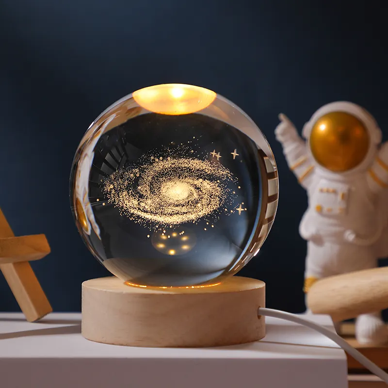 60mm Glass Solar System Planet Sphere 3D Laser Engraved Galaxy Crystal Ball with Wood LED Light Night LampPopular