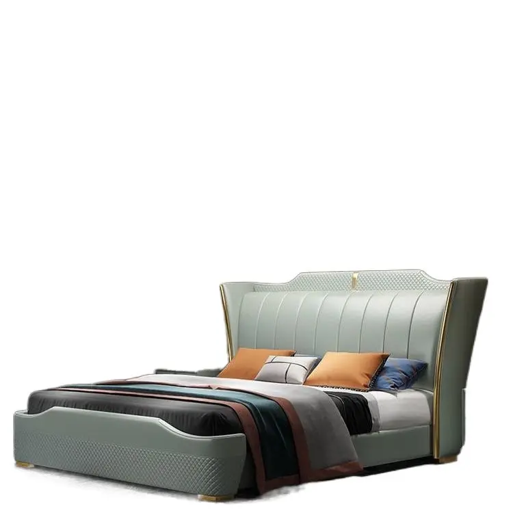 Dormitorio de tamaño completo, conjunto moderno de muebles de diseño de cuero, cama italiana de lujo ligera, camas modernas, muebles de dormitorio