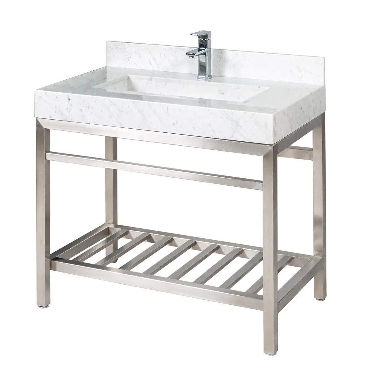 Meubles de salle de bain nouveaux designs avec lavabo évier en acier inoxydable en métal base porte-serviettes italie dessus de vanité en marbre blanc de carrare