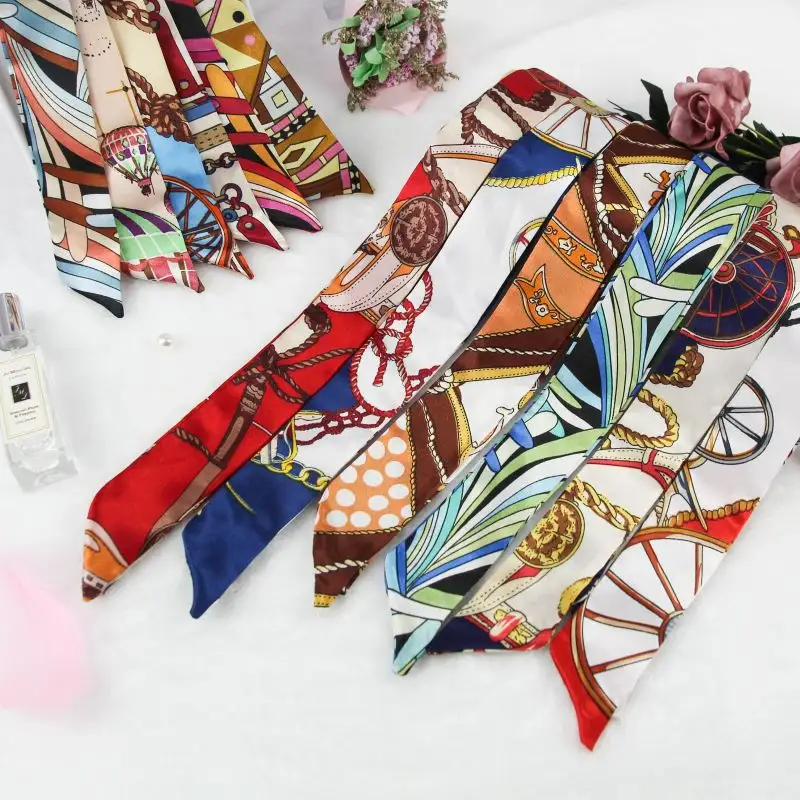 Benutzer definierte Druck Marke Twill Tasche Schal Mode Fabrik Großhandel Haar Seide Schmales Band Zwei Kanten Satin für Frauen Erwachsene lang