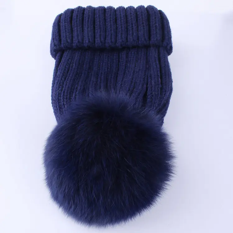 Fashion Winter Hats Popular Black Real Fur Pom Pom Knitted Beanie Hats Custom For Women