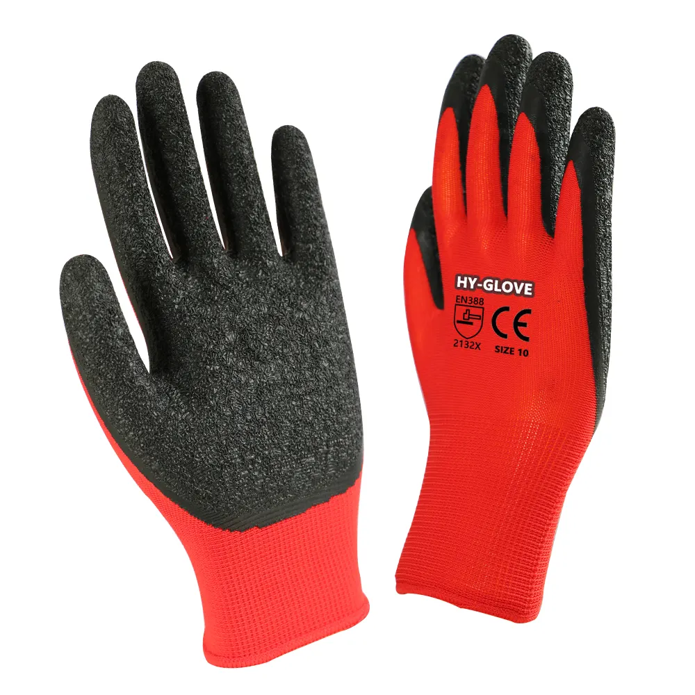 ถุงมือยางเคลือบผิวเพื่อความปลอดภัยในทางอุตสาหกรรมถุงมือทำงานเคลือบยางย่นกันลื่น