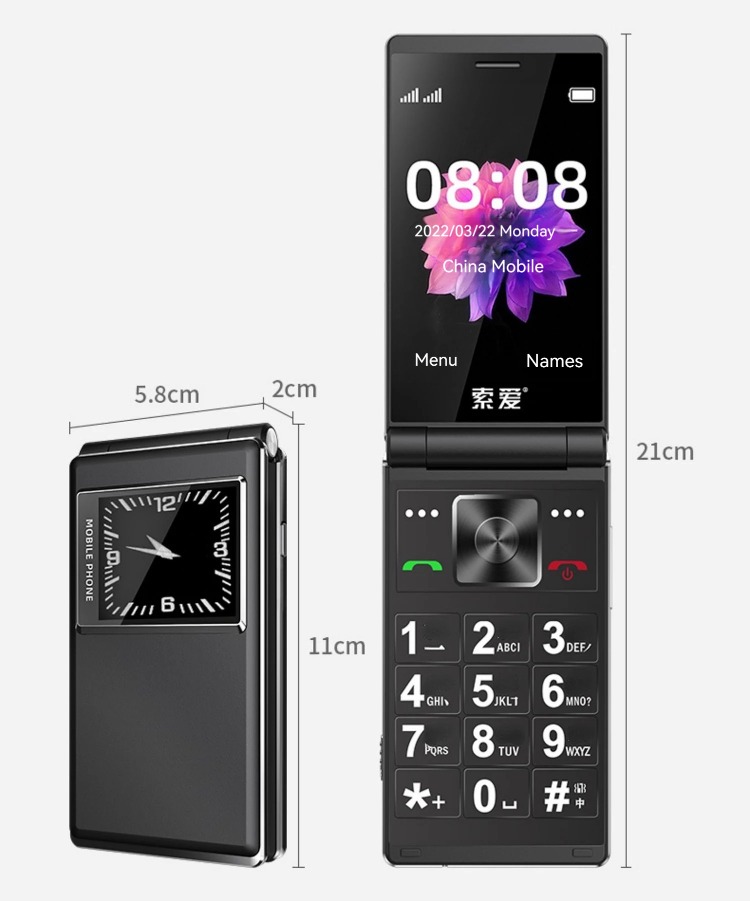 折り畳み式フリップシニア携帯電話デュアルディスプレイ大型キーラウド