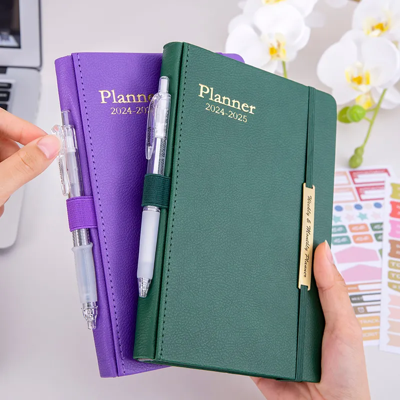 Caderno de capa dura A5 PU para diário, caderno personalizado com logotipo personalizado, planejador semanal personalizado com agenda, cadernos de gênero