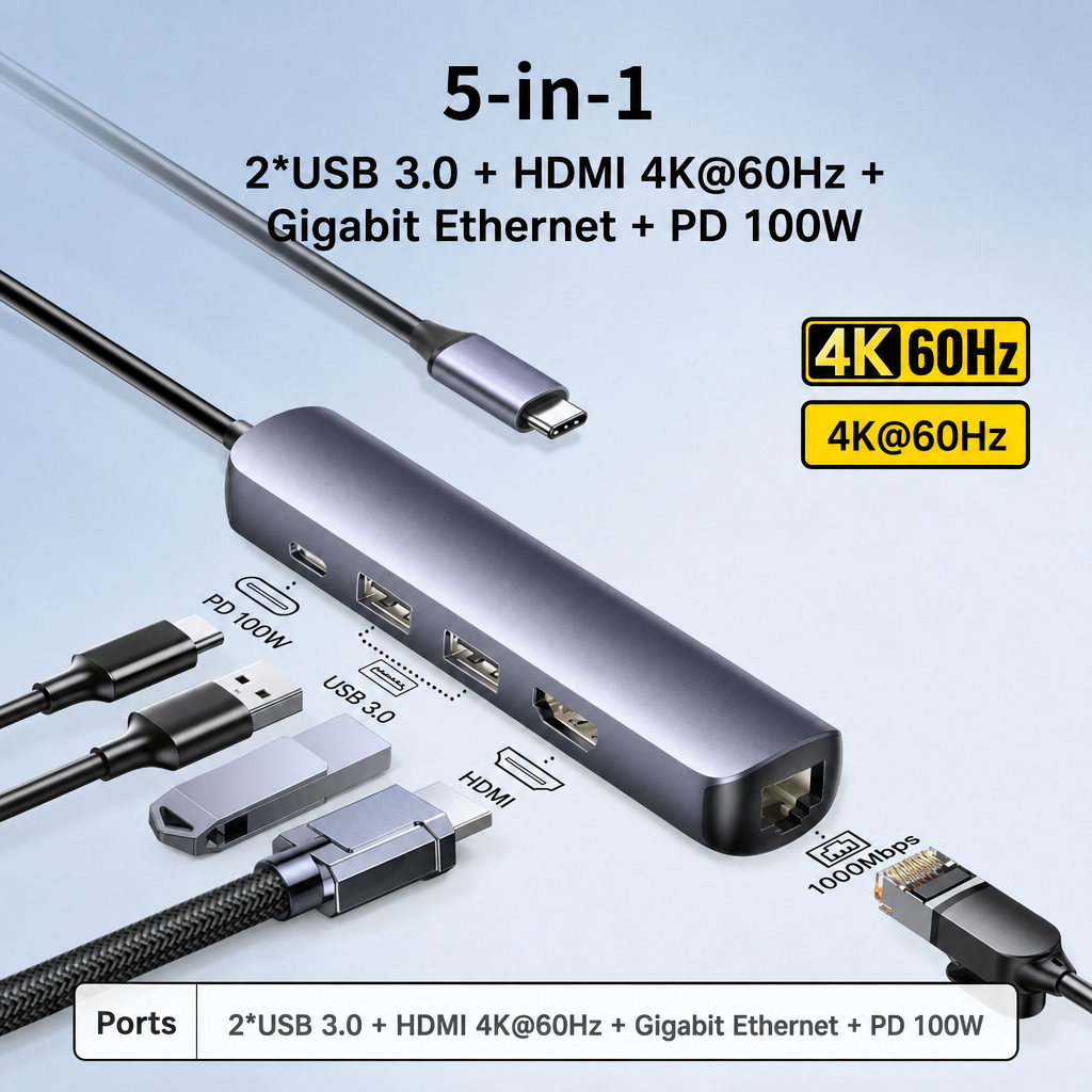 Hub Ethernet 5-en-1 4K à 60 Hz