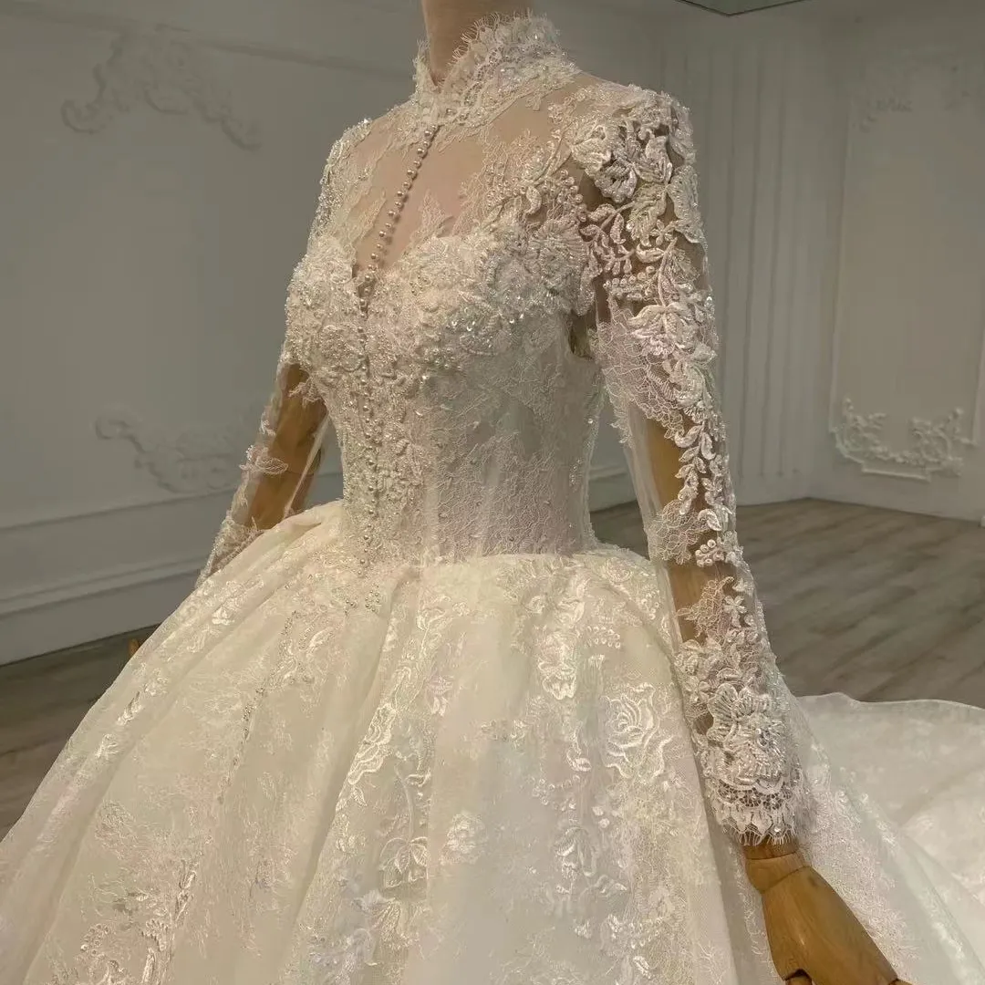 Vestido de novia de manga larga con cuello de pico, traje de novia transparente con patrón de encaje blanco puro