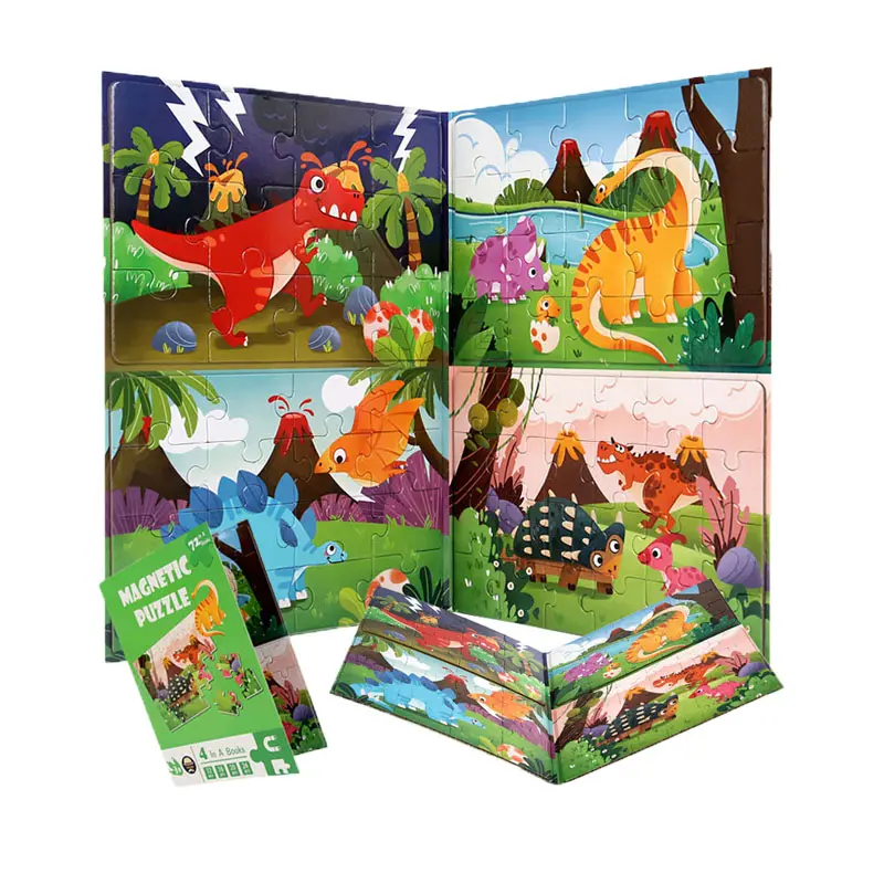 Nuovi giocattoli Montessori per bambini dinosauro Cartoon Animal Jigsaw Puzzle formato A4 Princess Magnetic Story Book Puzzle in legno