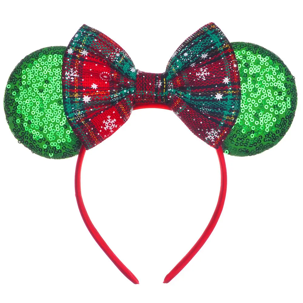 Diadema de Mickey con lentejuelas verdes para niños, diadema a cuadros con lazo de copo de nieve, tocado de Navidad, diadema con orejas de ratón, regalo para niños