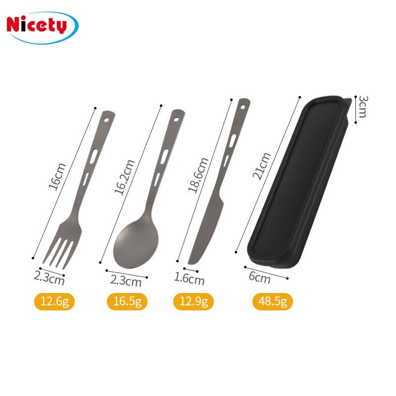 Coltello, forchetta, cucchiaio in puro titanio + scatola per posate