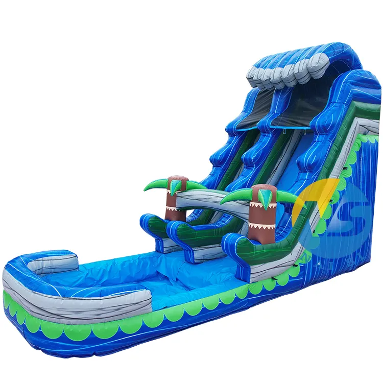 High Quality China Factory 18ft Blue Wave Inflatable Blow Up Water Slide With Swimming Pools For Kids