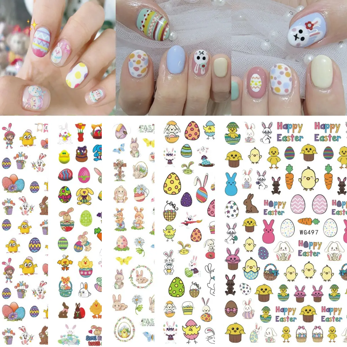 Suministros de uñas de Pascua, diseños de dibujos animados de huevo, conejo, autoadhesivo, decoración artística, pegatina de uñas de Pascua
