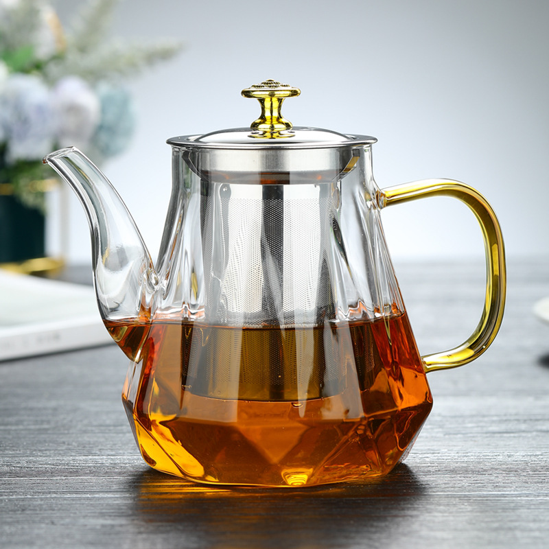 37Years Factory Diamond Style High Borosilicate Open Fire Stove Safe Glass Tea Pot With SUS 304  Infuser 600ml/800ml/1000ml