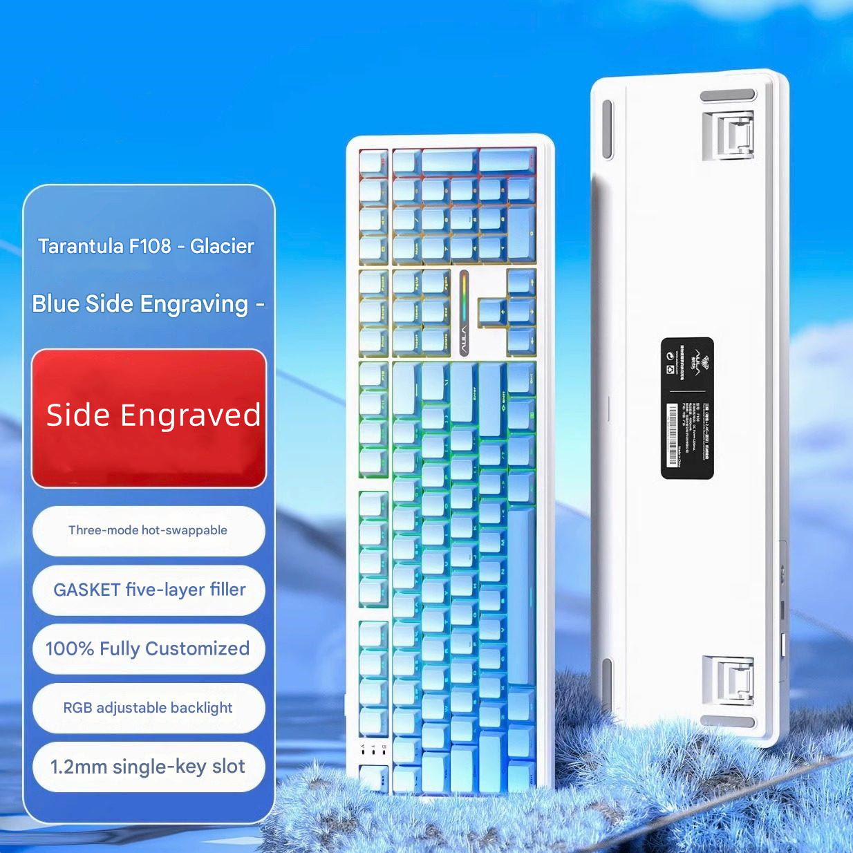 คีย์บอร์ด White-Aula F108 + คีย์แคปด้านข้างสีน้ำเงิน