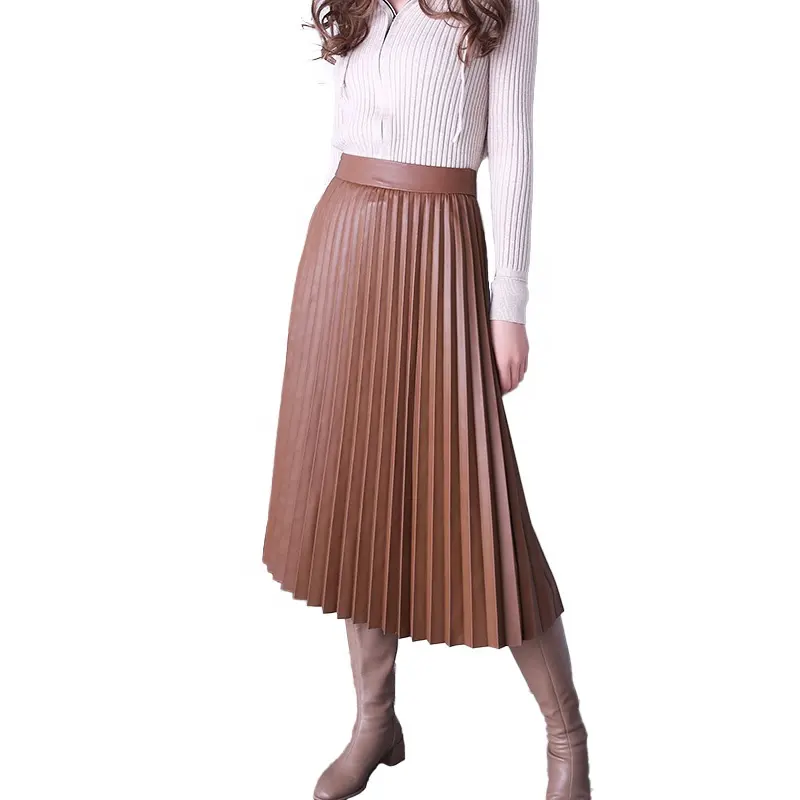 New Coming Girls Leather Dress Women Long Pleated Leather Skirt