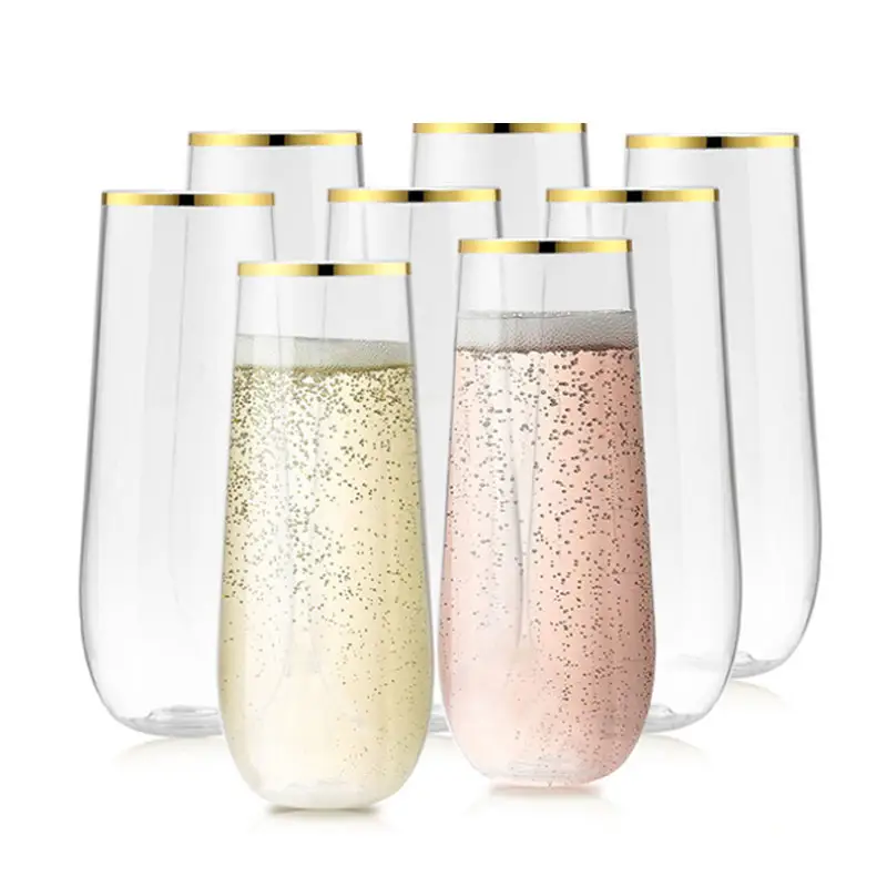 Copas de champán de plástico sin tallo de 9oz, flauta con borde dorado, vasos de plástico tostado irrompibles, vaso de plástico de champán desechable