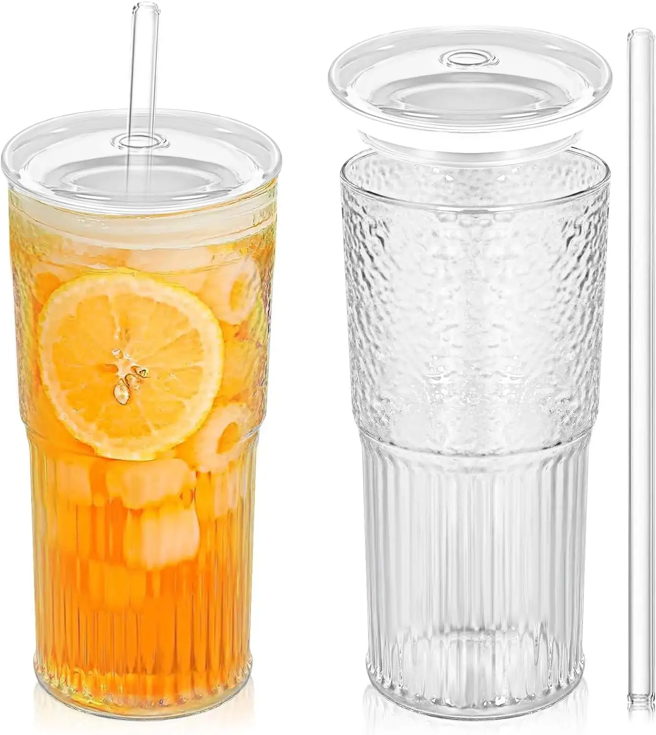 Classic Ribbed Vertical Stripes Tea Mug Elegant Coffee Cup with Glass Lid and Straw Clear Glass Ice Coffee Mug 600ML