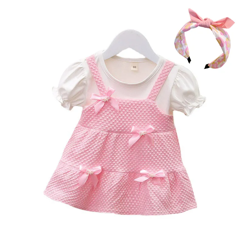 Preço fábrica Verão Menina Manga Curta Tira Vestido Floral Vestuário Boutique Vestido Menina Bowknot De Cor Sólida Com Faixa De Cabelo