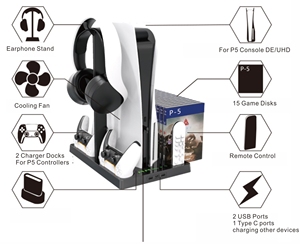 2024 <strong>New</strong> Cooling Stand for PlayStation 5 Video Games Console Charging Station with Remote <strong>Controls</strong> and Gamepads Accessory - Product Image 3