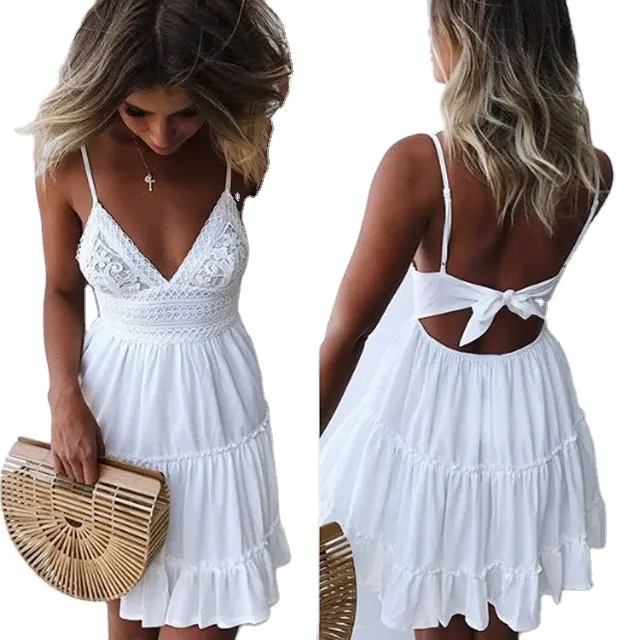 Vestido corto femenino de encaje sin mangas para verano, minivestido Sexy Vintage para mujer, con encaje blanco, para fiesta y playa, Q1087