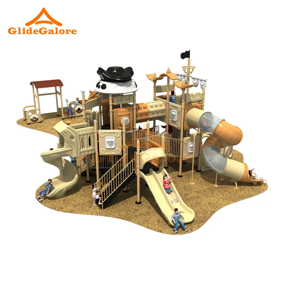GlideGalore Large Pirate Ship Slide Outdoor Playground with Aluminum Tunnel Slide Swing and Commercial Slides