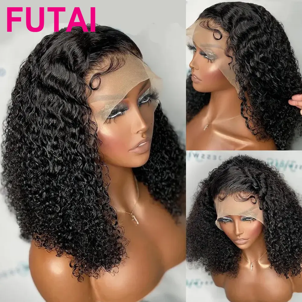 Wig Bob pendek Peruvian rambut manusia renda HD renda Frontal burmase keriting penuh renda Wig rambut manusia untuk WANITA HITAM