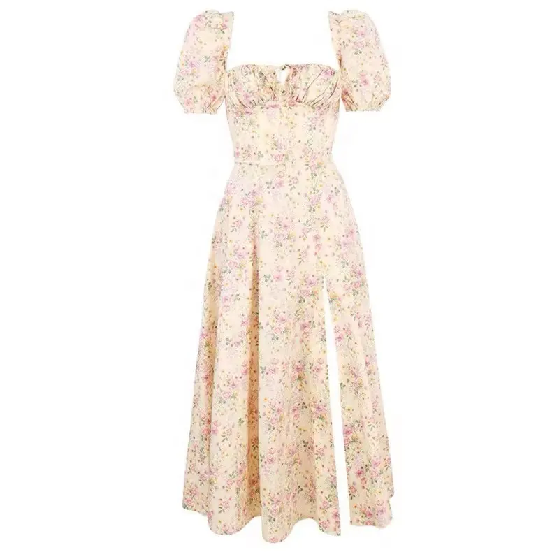 Vestido maxi floral de algodão YT manga longa bufante casual, roupas femininas de verão, vestidos para mulheres, vestido feminino