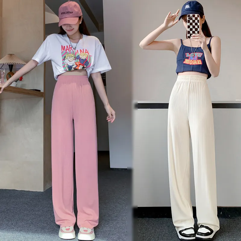 Pantalon d'été à jambes larges New Ladies Casual long Pants Ice Silk Thin Light High Waist Loose women Trousers