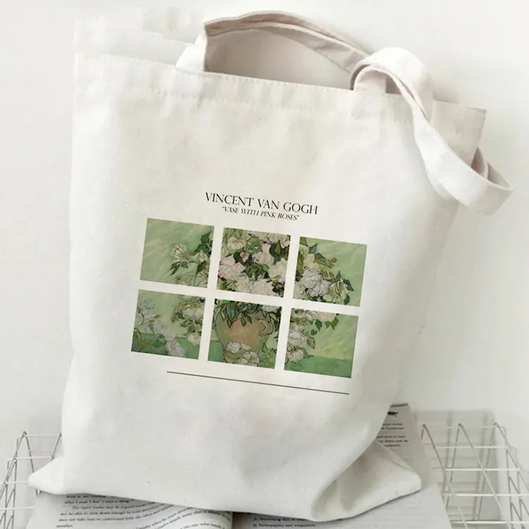 Custom Logo High Quality Van Gogh Pattern Print Shopping Bag Grocery Thick Cotton Canvas Fabric Tote Bags