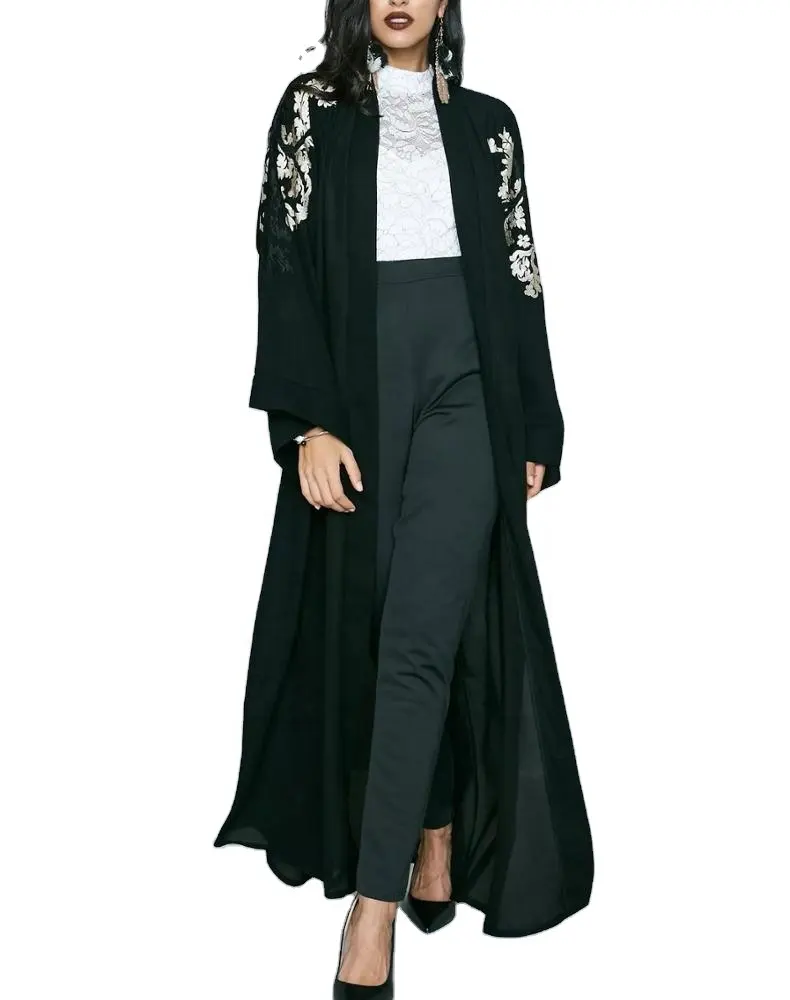 Zomer Nieuwe Zwarte Vrouwen Bloemen Geborduurde Detail Abaya Voor Koop Casual Lange Moslim Gewaad ST081118