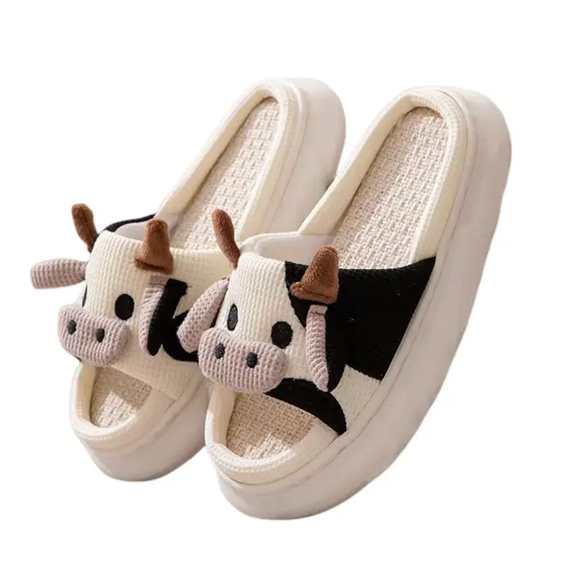 รองเท้าแตะผ้าลินินเปิดพื้น PVC, รองเท้าแตะและผ้าลินินรูปกบสัตว์วัวสวมใส่สบายสำหรับใส่ในฤดูร้อน